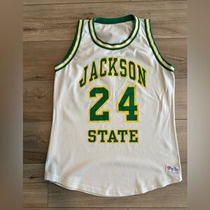 Vintage Jackson State White Mesh Basketball Jersey with Green & Yellow Trim